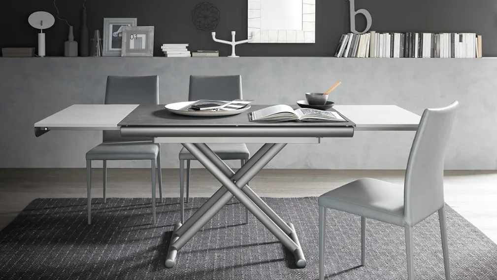 Tavolo Trasformabile Etoile con top in ceramica e base in metallo di Altacom