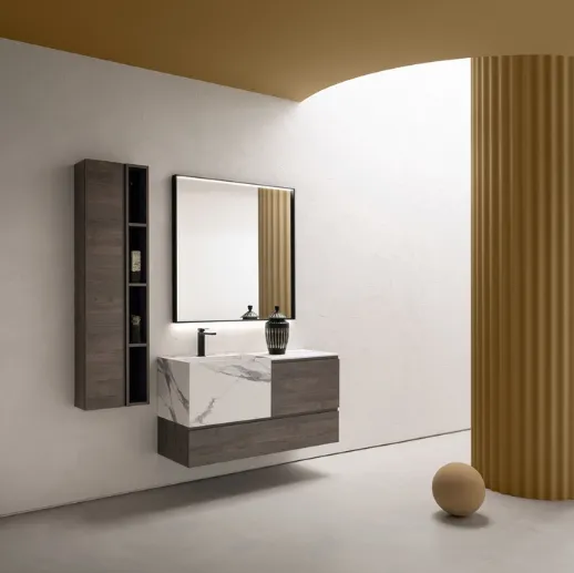 Mobile da Bagno sospeso in nobilitato effetto legno con vasca in HPL effetto marmo B-GO BG011 di Compab