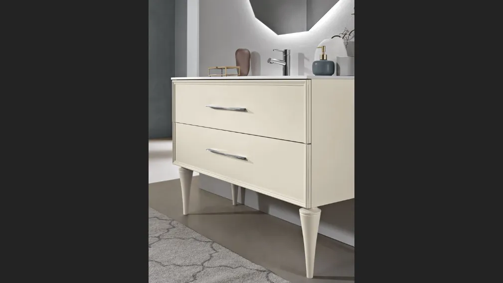 Mobile da Bagno con piedi Classic laccato opaco Avorio con maniglia Cromo e lavabo in mineralmarmo di Bluelife