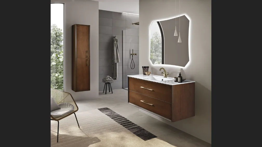 Mobile da Bagno sospeso Classic finitura Noce chiaro con maniglia brunita di Bluelife