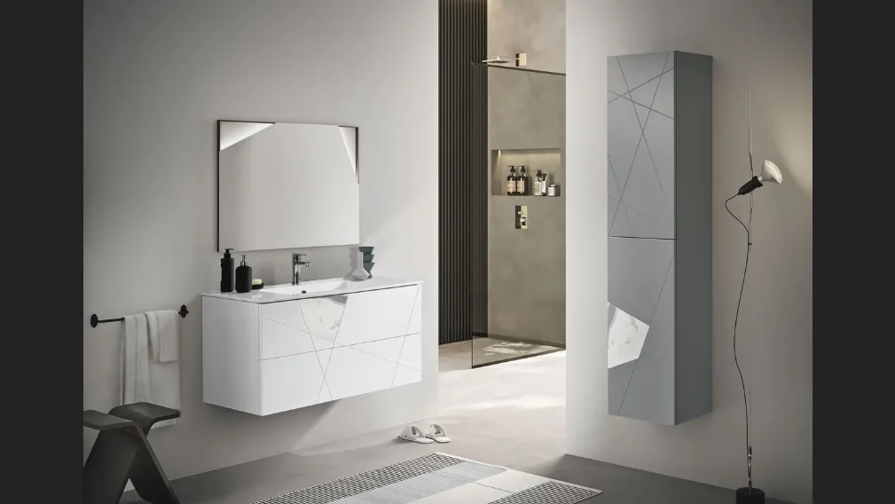 Mobile da Bagno sospeso Crizia laccato opaco Bianco con colonna laccata Grigio opaco entrambi con inserto in laminam Marmo Bianco di Bluelife