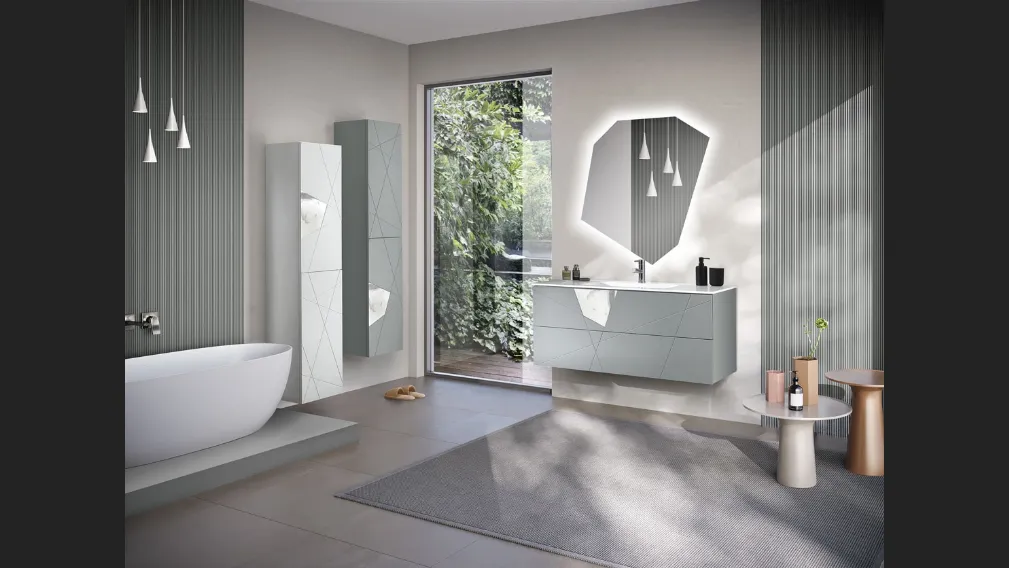 Mobile da Bagno sospeso Crizia laccato Grigio con inserto in laminam Marmo Bianco con colonne laccate Bianco e Grigio con inserto in laminam Marmo Bianco di Bluelife