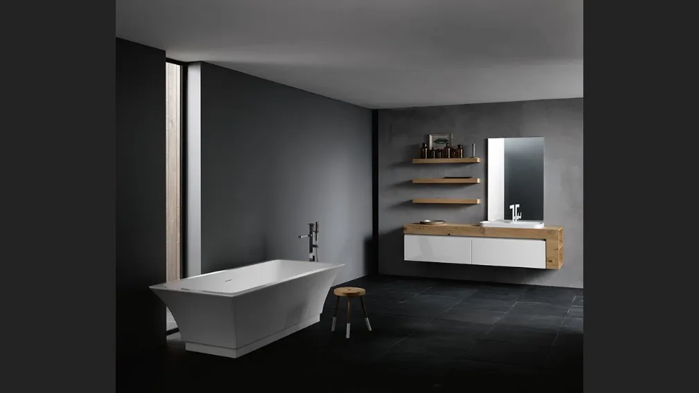 Mobile da Bagno sospeso con piano in legno di rovere e frontali in laccato bianco lucido INK NK13 Compab