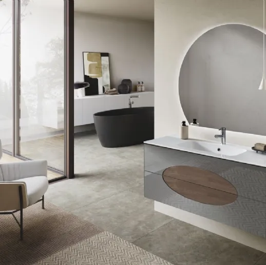 Mobile da Bagno sospeso Lia in melaminico Noce Americano con inserti in Specchio Fumè di Bluelife