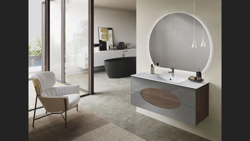 Mobile da Bagno sospeso Lia in melaminico Noce Americano con inserti in Specchio Fumè di Bluelife