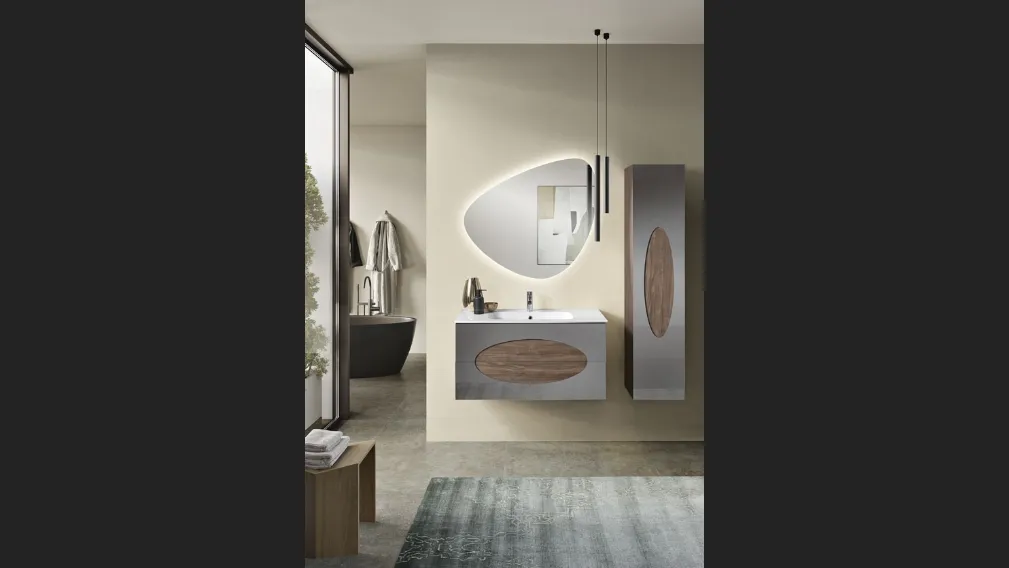 Mobile da Bagno sospeso Lia con colonna in melaminico Noce Americano con inserti in Specchio Fumè di Bluelife