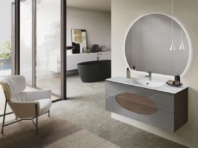 Mobile da Bagno sospeso Lia in melaminico Noce Americano con inserti in Specchio Fumè di Bluelife