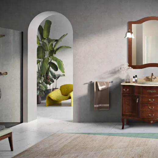 Mobile da Bagno London a due ante e 3 cassetti in Noce con top in marmo Giallo Ambra Egizio di Bluelife