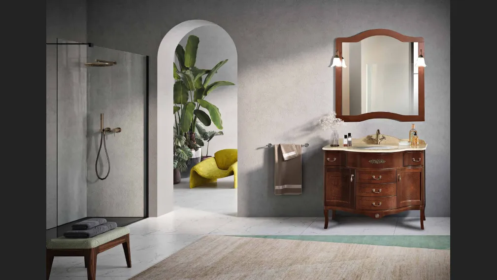 Mobile da Bagno London a due ante e 3 cassetti in Noce con top in marmo Giallo Ambra Egizio di Bluelife