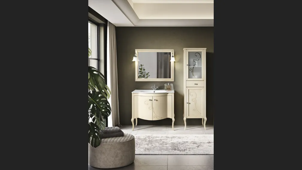 Mobile da Bagno Martina in legno finitura Avorio decapè con pomelli cromo con Swarovski e lavabo in ceramica di Bluelife