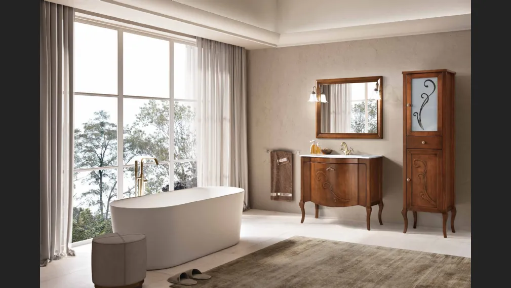 Mobile da Bagno a terra Martina finitura Noce chiaro, maniglia brunita con Swarovski e lavabo in ceramica di Bluelife