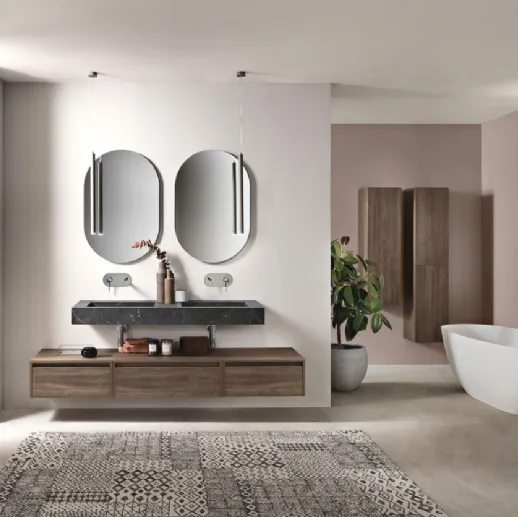 Mobile da Bagno sospeso Piave in nobilitato Noce Americano con top in HPL Marmo Nero Marquinia di Bluelife