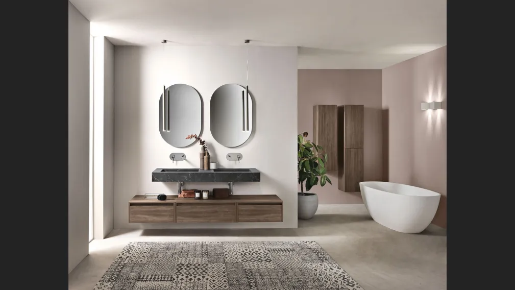 Mobile da Bagno sospeso Piave in nobilitato Noce Americano con top in HPL Marmo Nero Marquinia di Bluelife