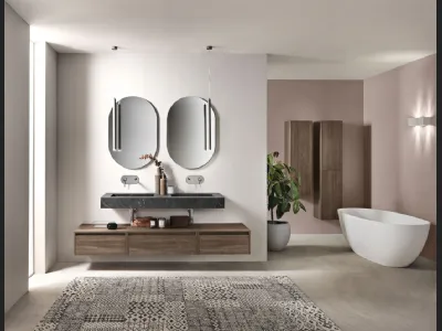 Mobile da Bagno sospeso Piave in nobilitato Noce Americano con top in HPL Marmo Nero Marquinia di Bluelife