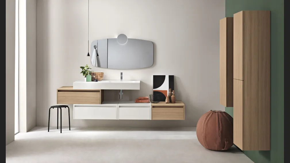 Mobile da Bagno sospeso Piave in nobilitato Rovere Miele e Bianco opaco con top in HPL Bianco con lavabo integrato di Bluelife