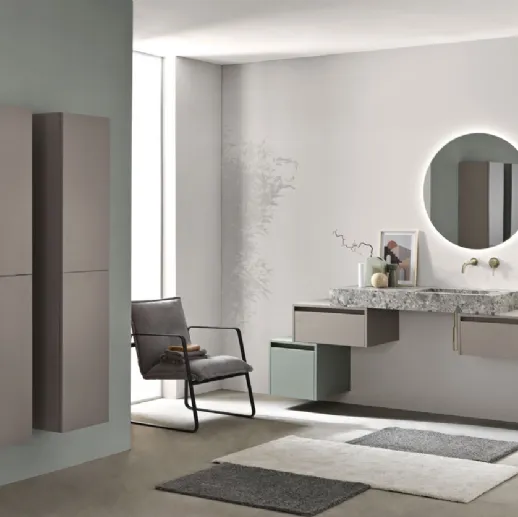 Mobile da Bagno sospeso Piave in nobilitato Tortora e Verde frassinato con top in HPL Ceppo di Grè con lavabo integrato di Bluelife