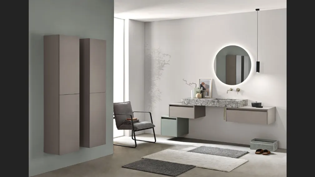 Mobile da Bagno sospeso Piave in nobilitato Tortora e Verde frassinato con top in HPL Ceppo di Grè con lavabo integrato di Bluelife