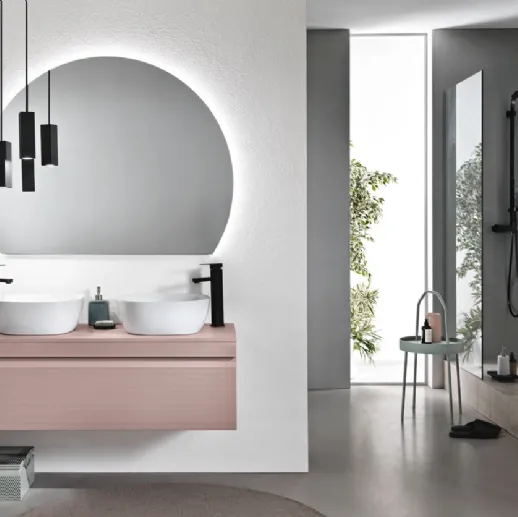 Mobile da Bagno Rio in PVC cannettato Rosa Polvere con 2 lavabi in ceramica di Bluelife