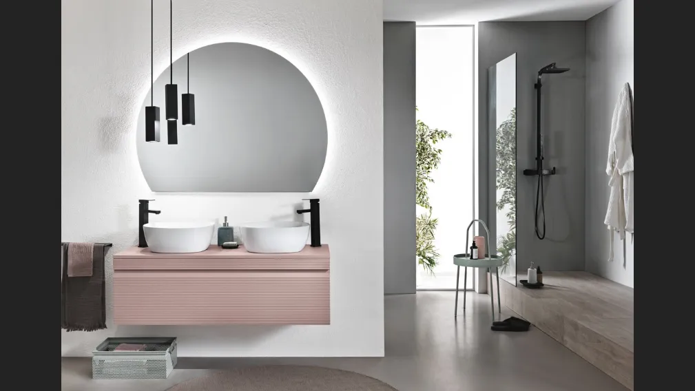 Mobile da Bagno Rio in PVC cannettato Rosa Polvere con 2 lavabi in ceramica di Bluelife