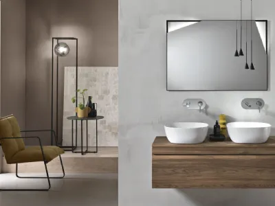 Mobile da Bagno sospeso Rio in PVC cannettato finitura Tek con due lavabi in ceramica di Bluelife