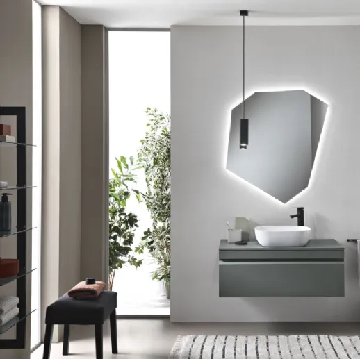 Mobile da Bagno sospeso Rio in PVC cannettato finitura Verde Alga con lavabo in ceramica di Bluelife