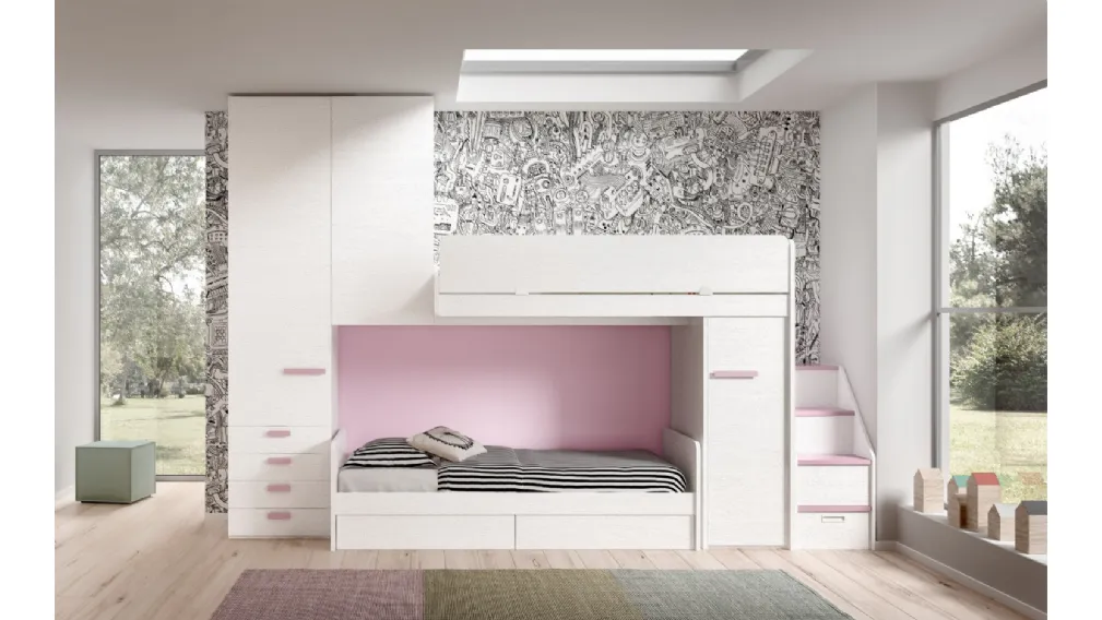 Camera finitura Bianco e Rosa con soppalco Room171 di Zg Mobili