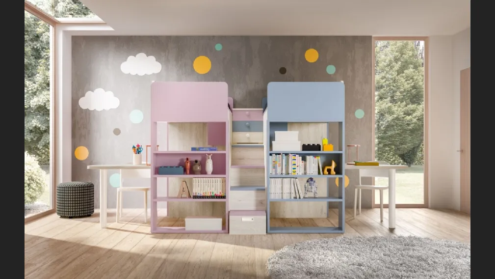 Camera con doppio soppalco con scrivanie Room 165 di Zg Mobili