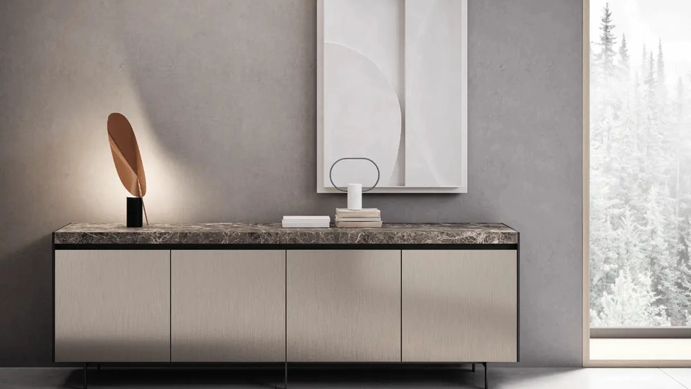 Madia Bluna Tech in finitura alluminio champagne e top in gres di Binova