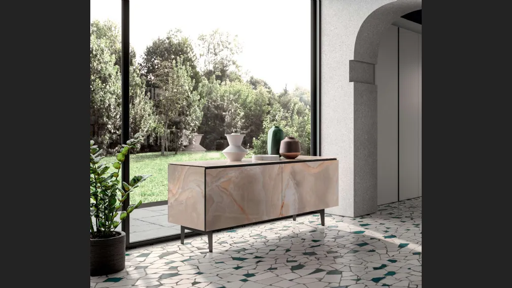 Madia moderna in marble glass Calacatta Gold lucido con piedini in metallo Plana di Ozzio