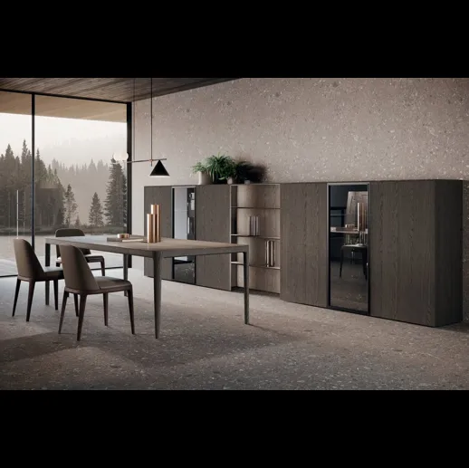 Parete Attrezzata Bluna Legno 02 in rovere grigio e vetro di Binova