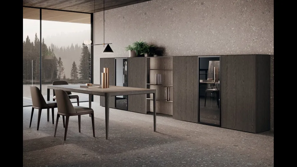 Parete Attrezzata Bluna Legno 02 in rovere grigio e vetro di Binova