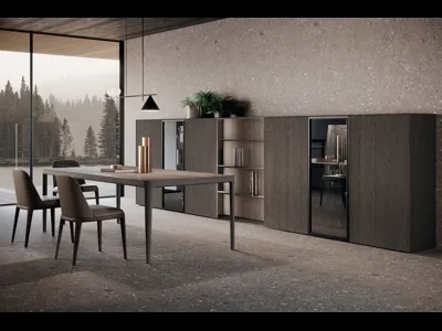 Parete Attrezzata Bluna Legno 02 in rovere grigio e vetro di Binova
