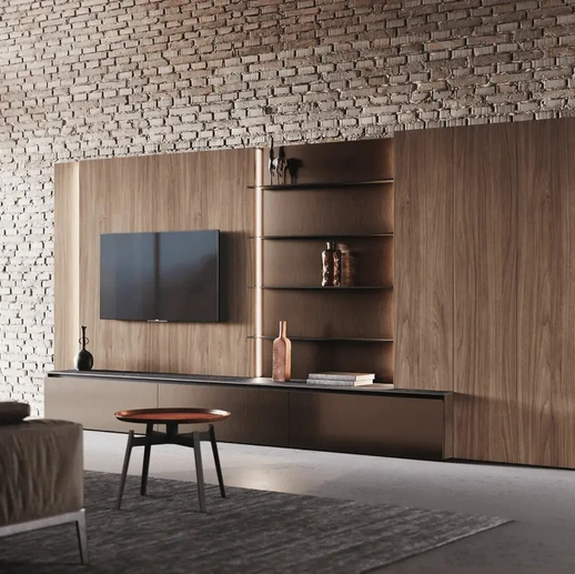 Parete Attrezzata Bluna Tech in finitura alluminio brunito e legno di Binova