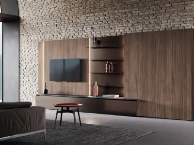 Parete Attrezzata in laccato effetto alluminio e top in gres con spalla in bilaminato legno Noce Lab di Binova