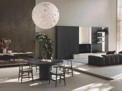 Parete Attrezzata Lab Gres in bilaminato legno rovere black e gres di Binova