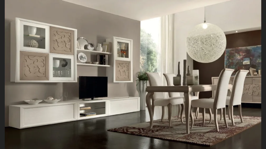 Parete Attrezzata Portofino in legno laccato bianco con ante in legno naturale decorato e in vetro Comp 116 di Modo 10