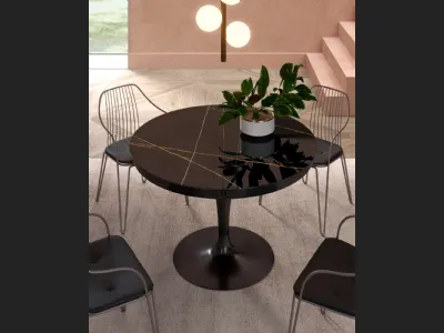 Tavolo rotondo allungabile Eclipse con top in marble glass Sahara Noir Lucido di Ozzio