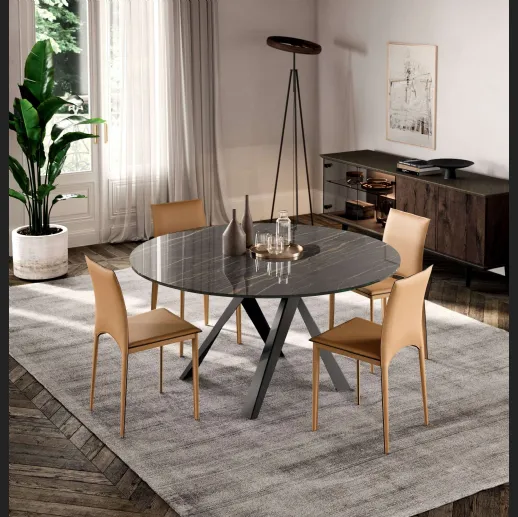 Tavolo rotondo Emisfero Fisso con top in Cristallo Ceramica Noir Desir e base in metallo di Ozzio