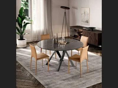 Tavolo rotondo Emisfero Fisso con top in Cristallo Ceramica Noir Desir e base in metallo di Ozzio