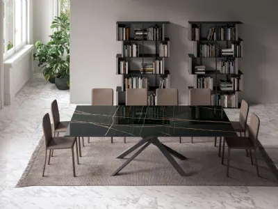 Tavolo allungabile e allargabile 4x4 in Marble Glass Sahara Noir Lucido e base in metallo di Ozzio