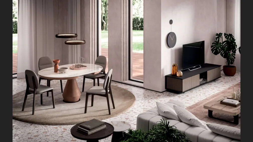 Tavolo allungabile Lycos con top in Marble Glass Calacatta Gold lucido e base in metallo verniciato Bronzo di Ozzio