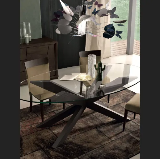 Tavolo ovale Pandora con piano in cristallo e base in legno di Modo 10