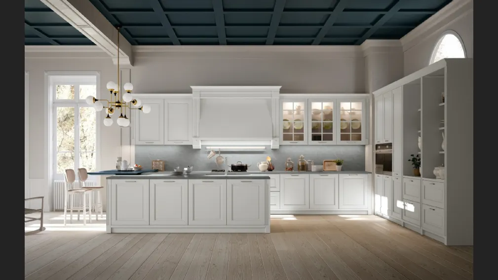 Cucina Classica Dolcevita v3 in Laccato Plata, Top Neolith Zaha Stone Silk, Piano snack in laccato Blu Nettuno, Maniglie in finitura Argento satinato di Stosa