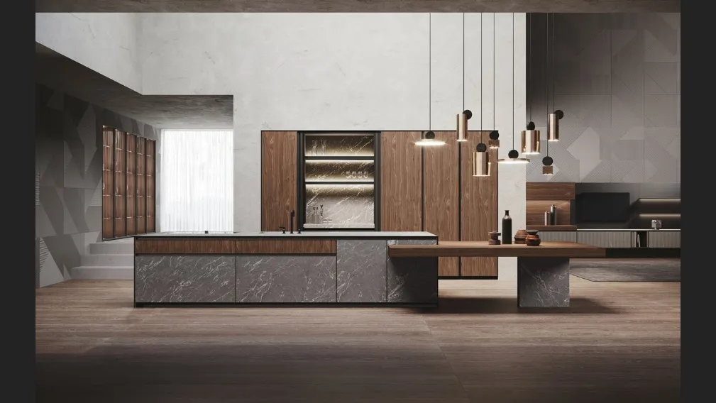 Cucina Design in Noce Canaletto con isola in hpl finitura pietra Alicante Avola di Binova