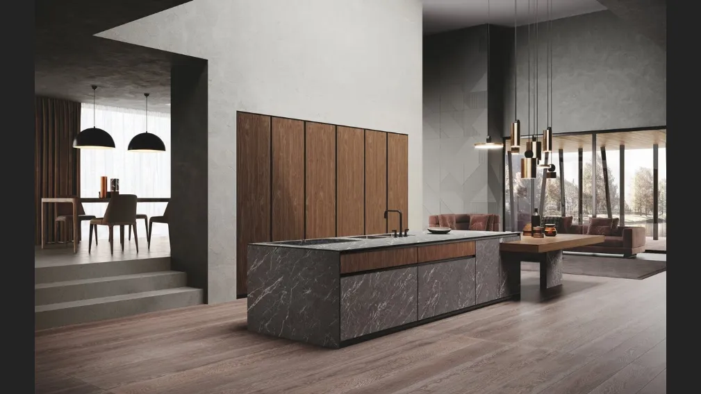 Cucina Design con isola Avola in legno e gres di Binova