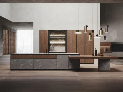 Cucina Design in Noce Canaletto con isola in hpl finitura pietra Alicante Avola di Binova