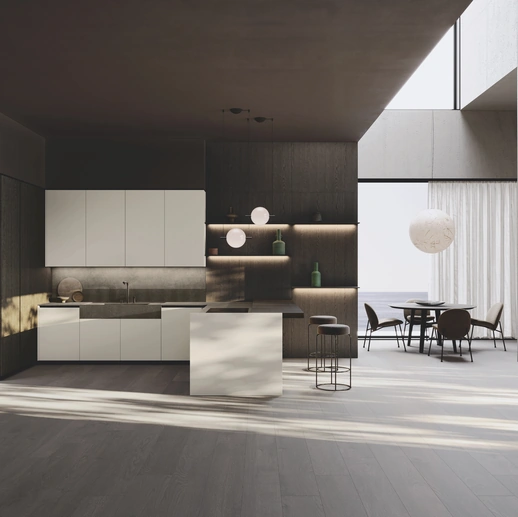 Cucina Design con penisola Balance Superlac in laccato e bilaminato rovere di Binova