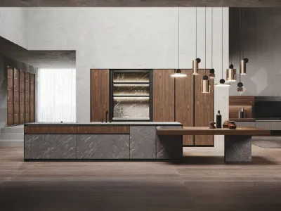 Cucina Design con isola in hpl finitura pietra Alicante e Noce Canaletto Avola di Binova