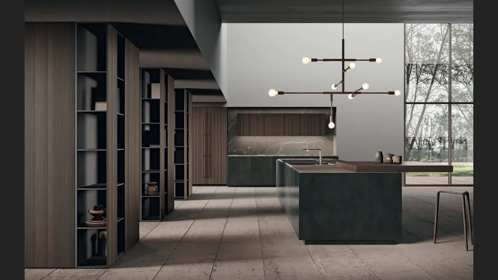 Cucina Design con isola in laccato effetto metallico e bilaminato effetto legno con top in gres Scava di Binova