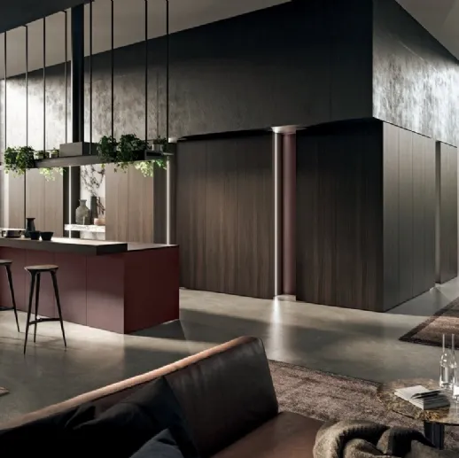 Cucina Design con isola in laccato metal Amaranto e legno con top in gres Vogue Metal 4|0 di Binova